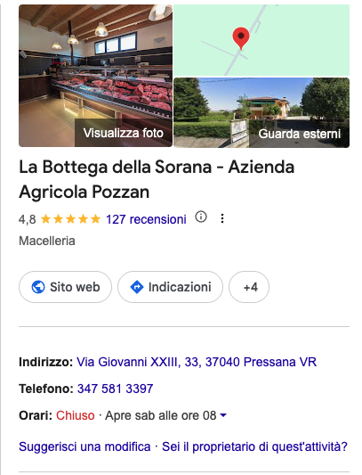 Scheda Google La Bottega della Sorana - Azienda Agricola Pozzan, 4,8 stelle e 127 recensioni