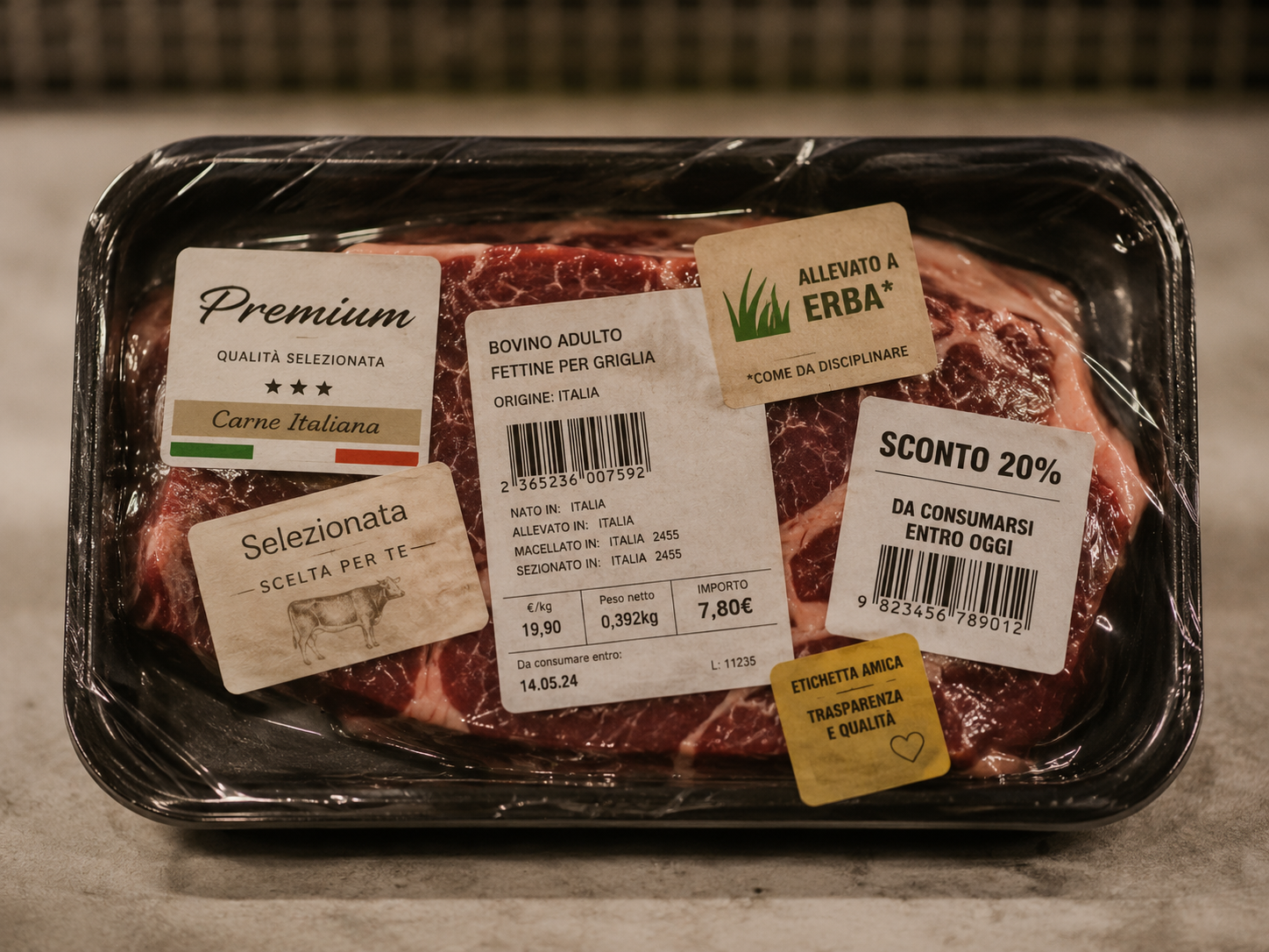 Confezione di carne con etichette anonime